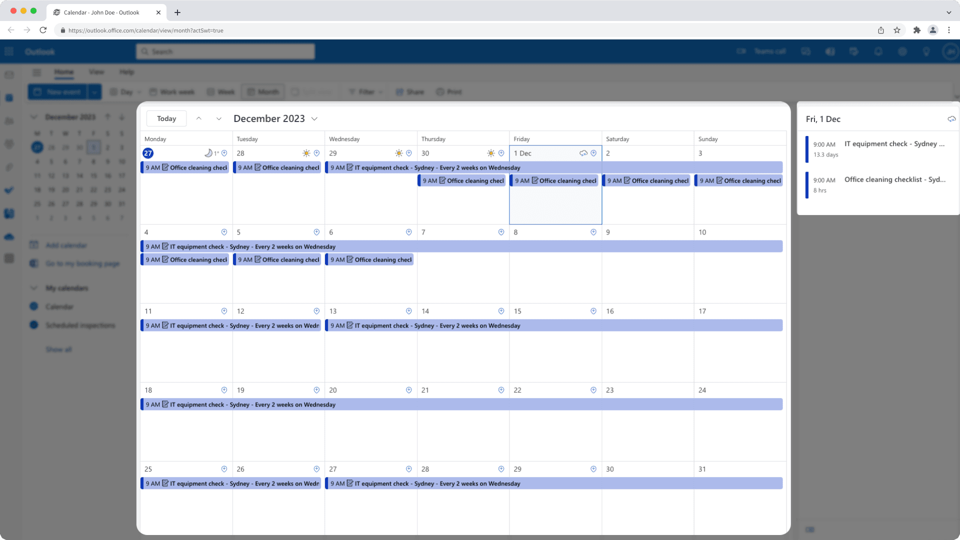 An example of the SafetyCulture inspection schedule integration in Microsoft Outlook.