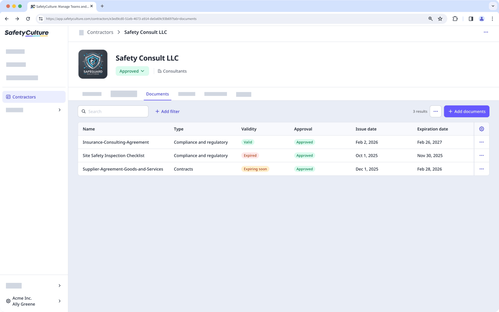 The company profile with the Documents tab and company documents list visible.