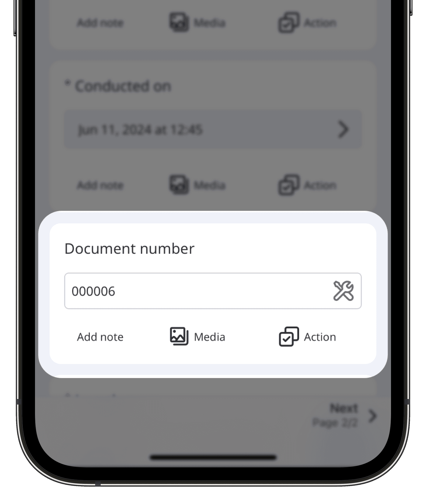 A title page in an inspection showing a document number on the mobile app