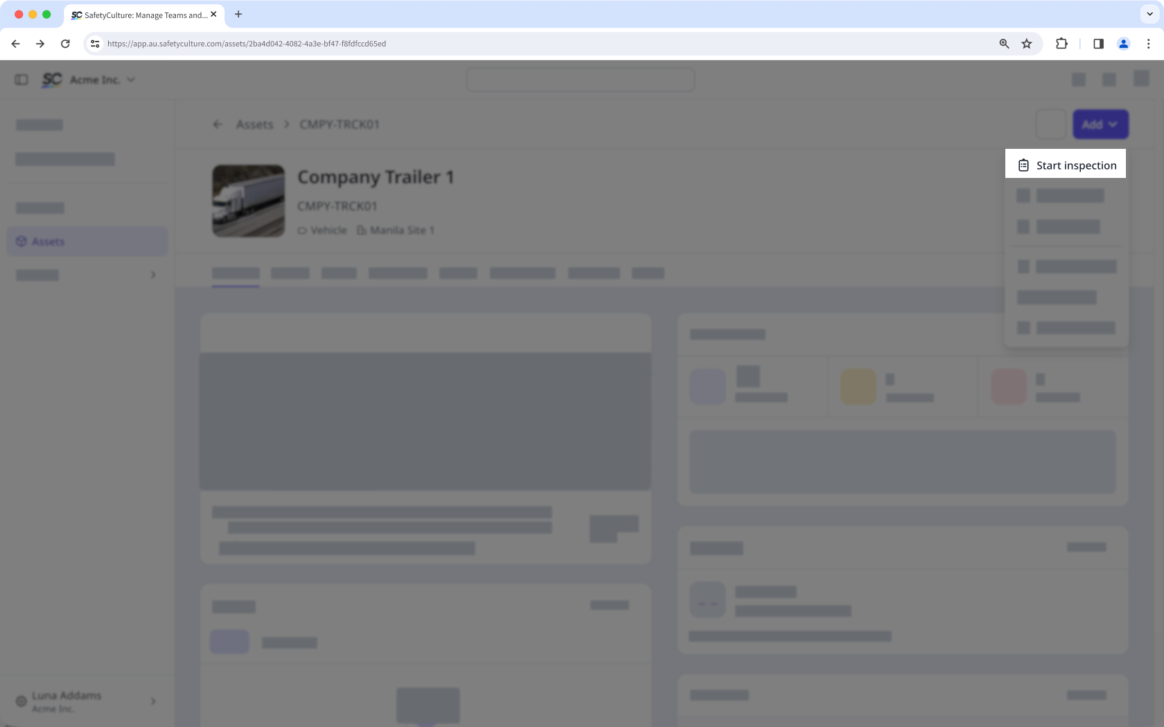 From the asset profile page, click Add. Then select "Start inspections."