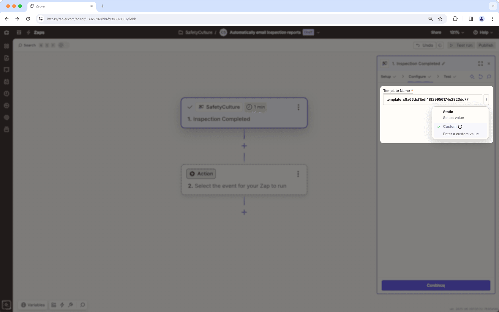An example of inserting a custom template ID on Zapier.
