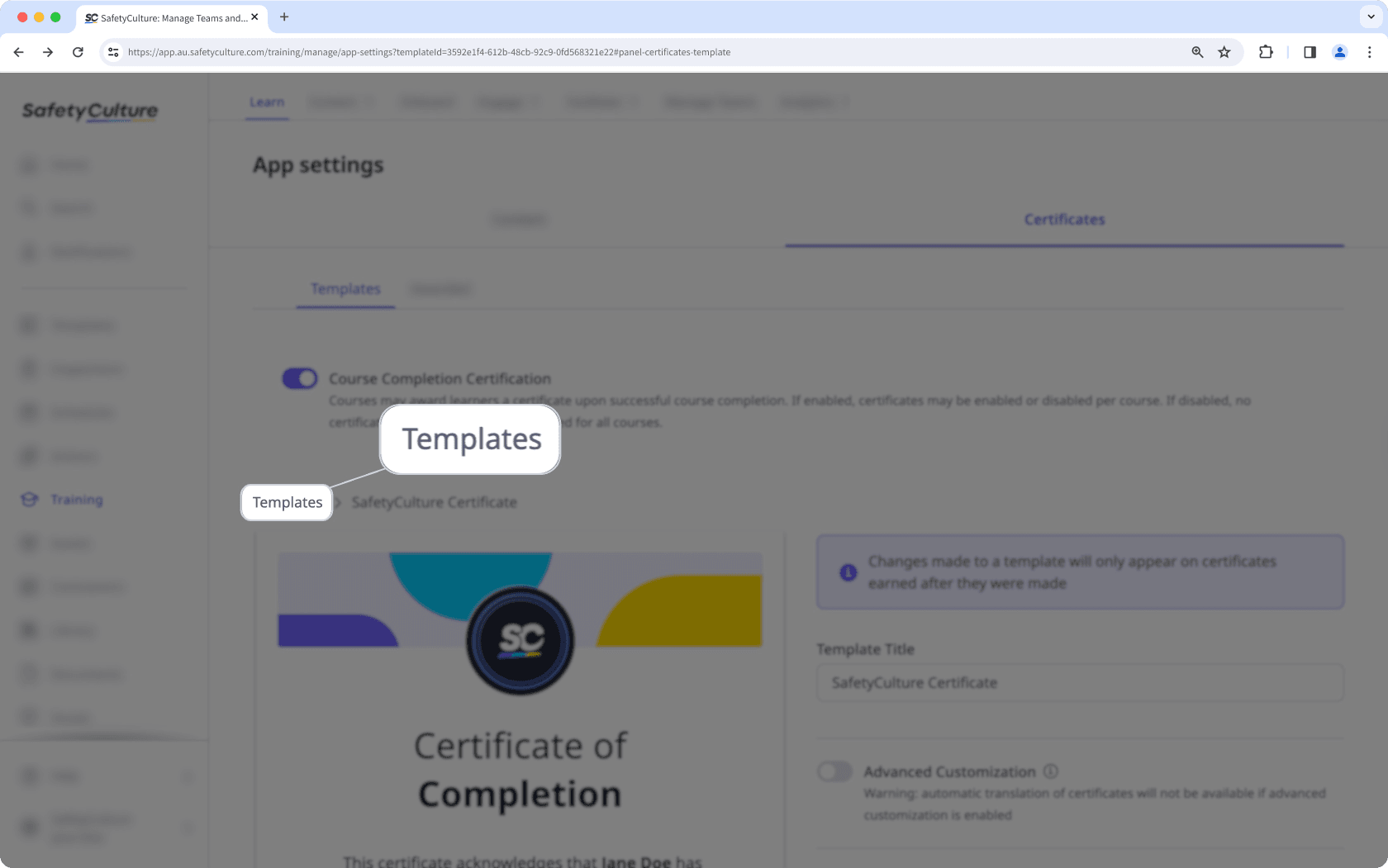 The "Templates" button in training course completion certificate settings on the web app.