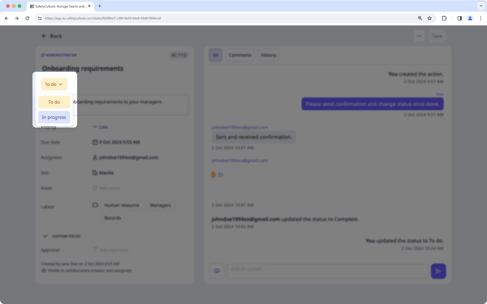 An example of restricted action status transition on the web app.