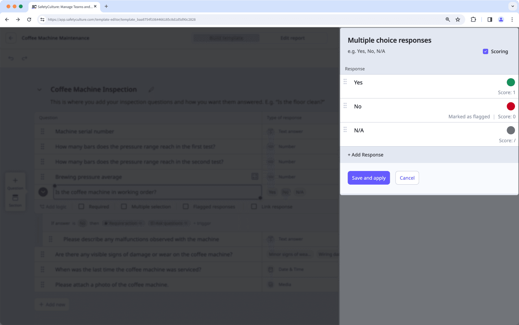 Update a custom response set in a template via the web app.