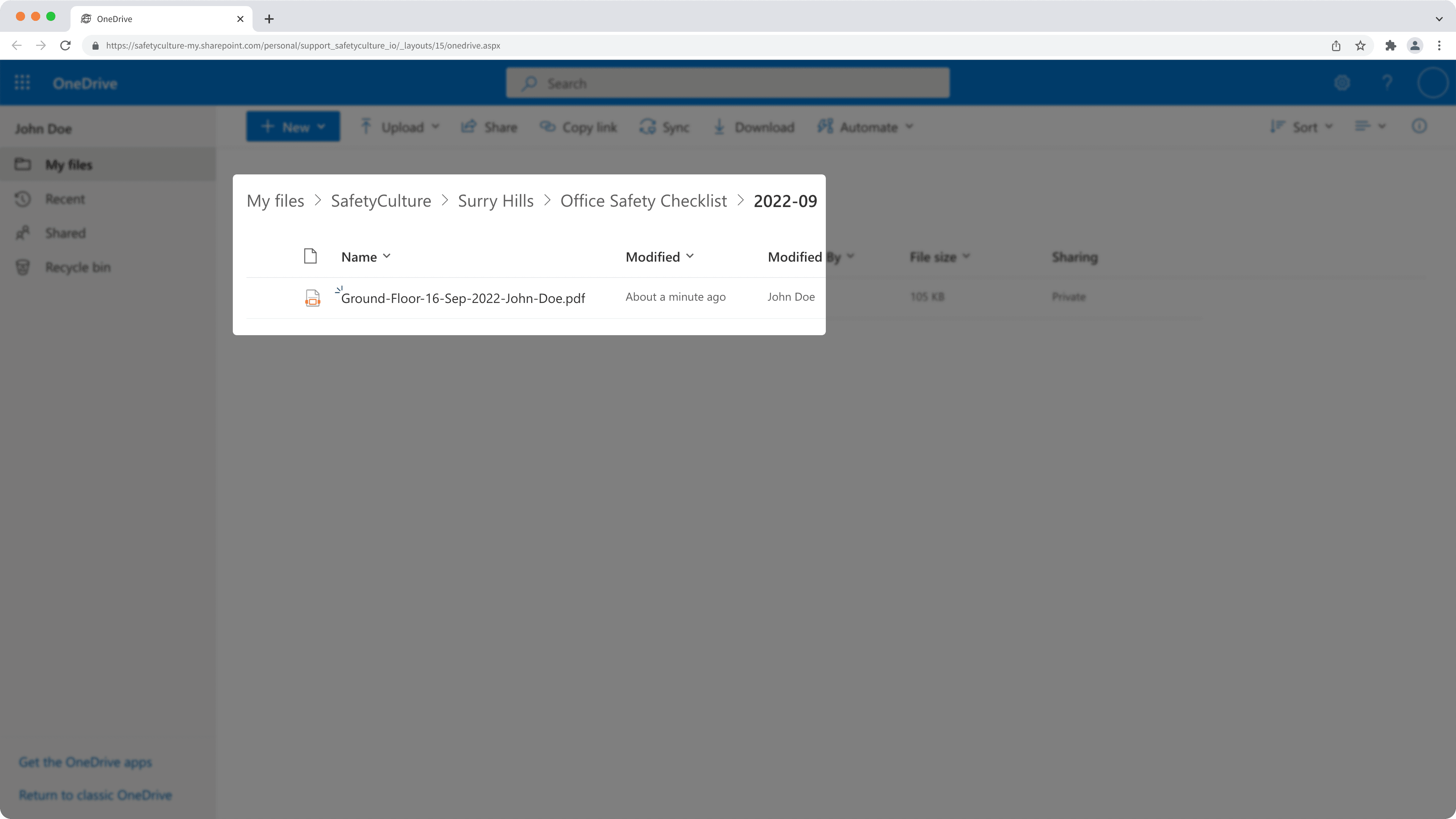 An inspection report in OneDrive.