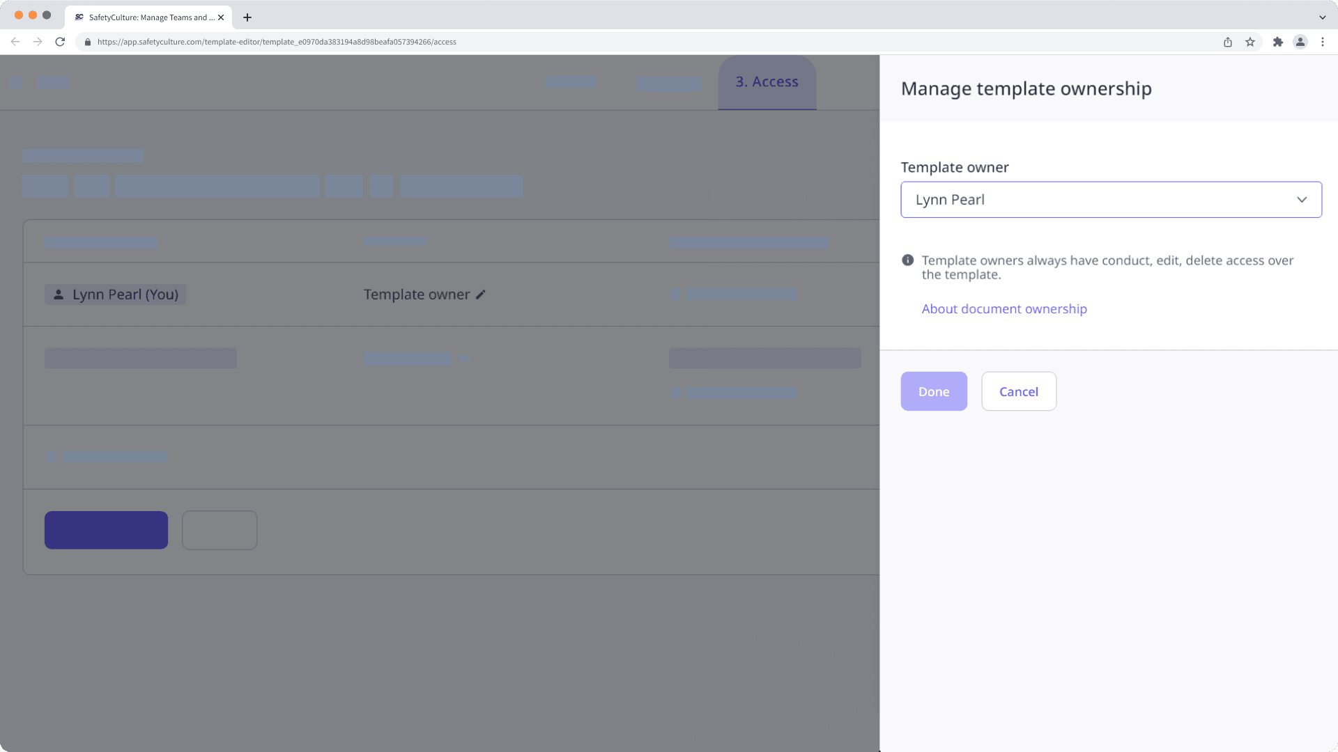 Change the ownership of a template via the web app.