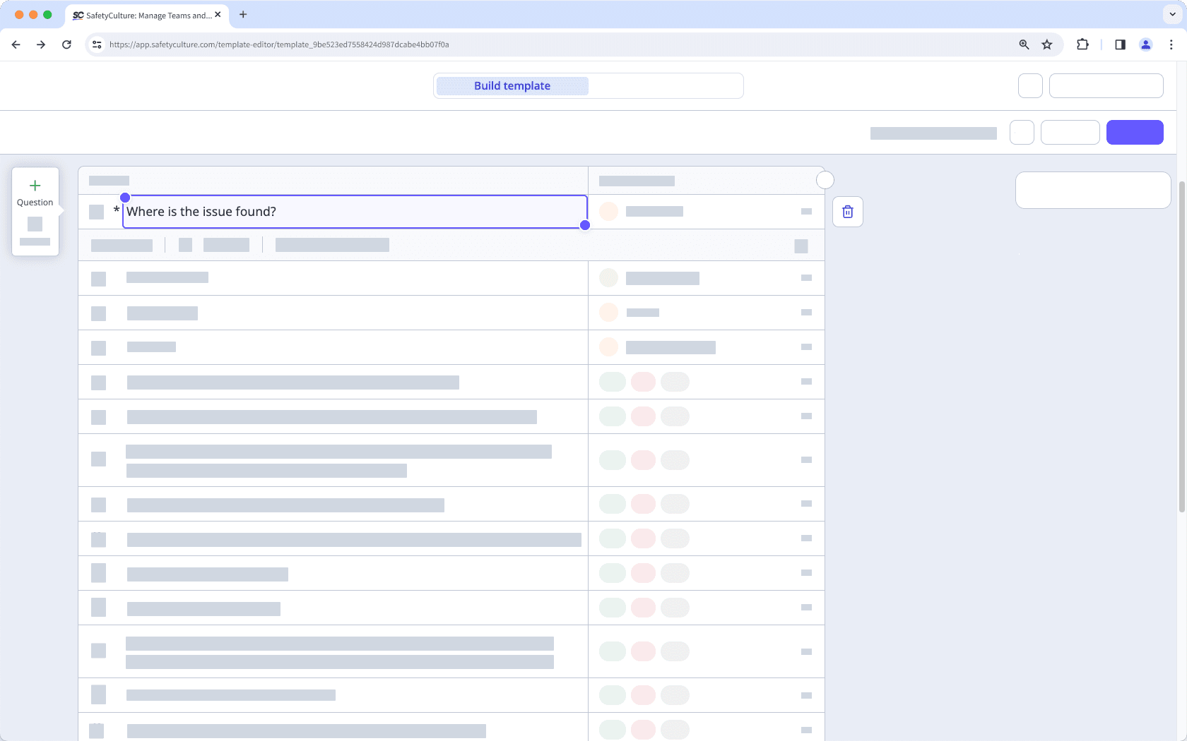 Add or delete a question in a template via the web app.