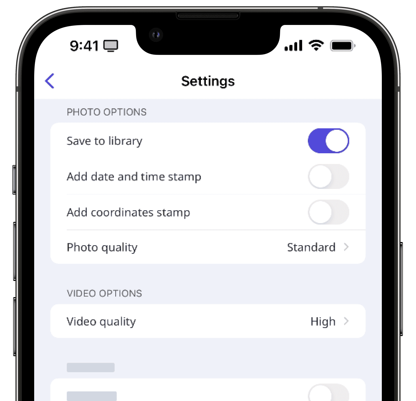 Adjust photo and video options settings via the mobile app.