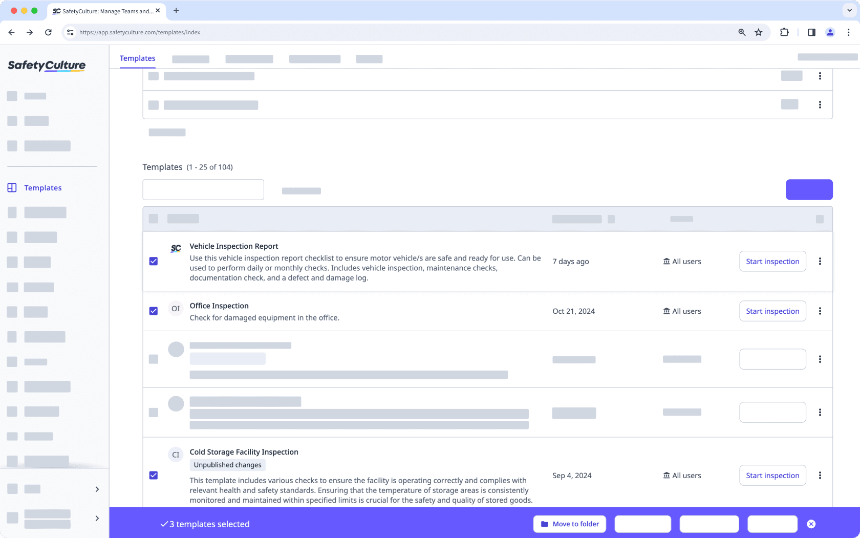 Move multiple templates to a folder via the web app.