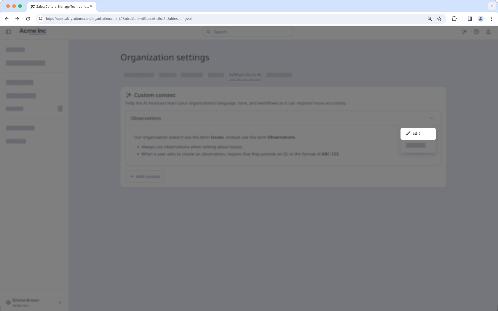 Edit a custom context for the AI Assistant.