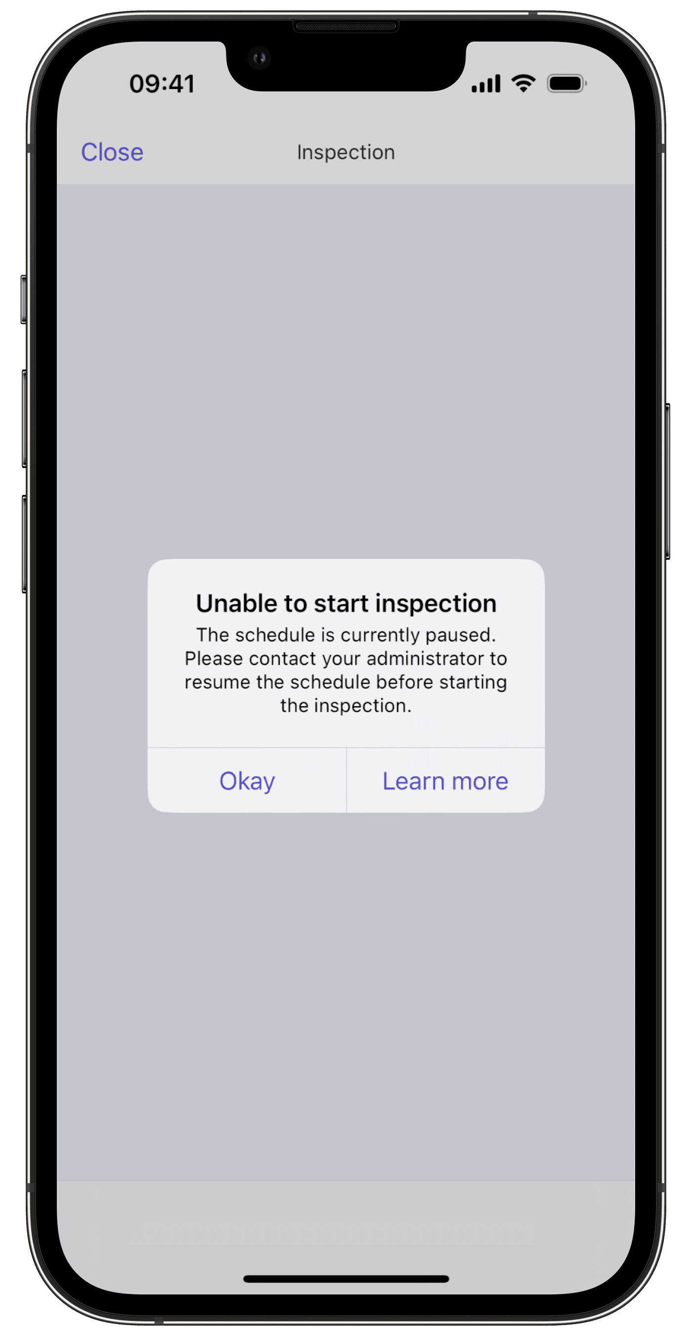 Unable to start inspection error due to paused scheduled inspection via the mobile app.