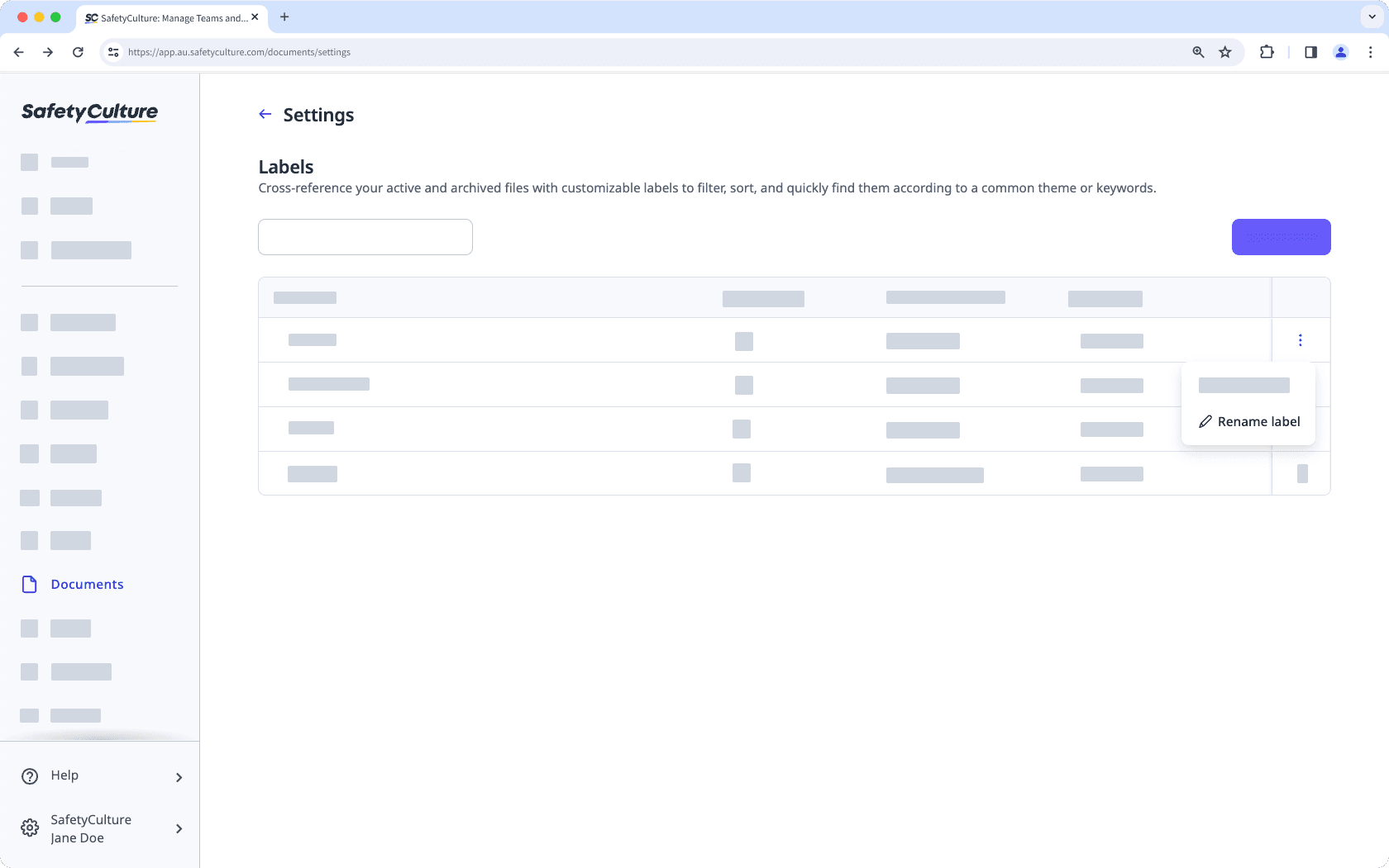 Rename a file label in Documents via the web app.