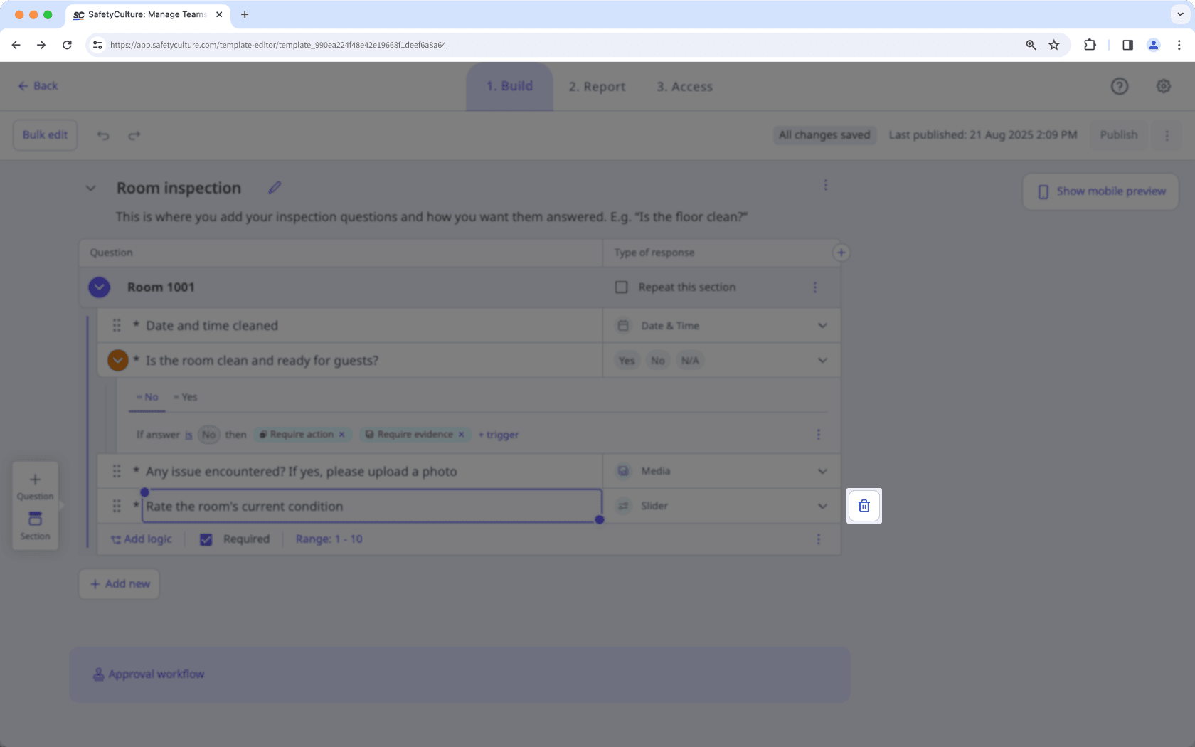 Delete a question in a template via the web app.