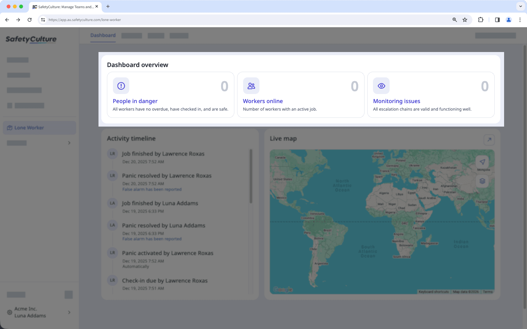 Get a view of people in danger, workers online, and monitoring issues, via the dashboard overview in the Lone Worker dashboard.