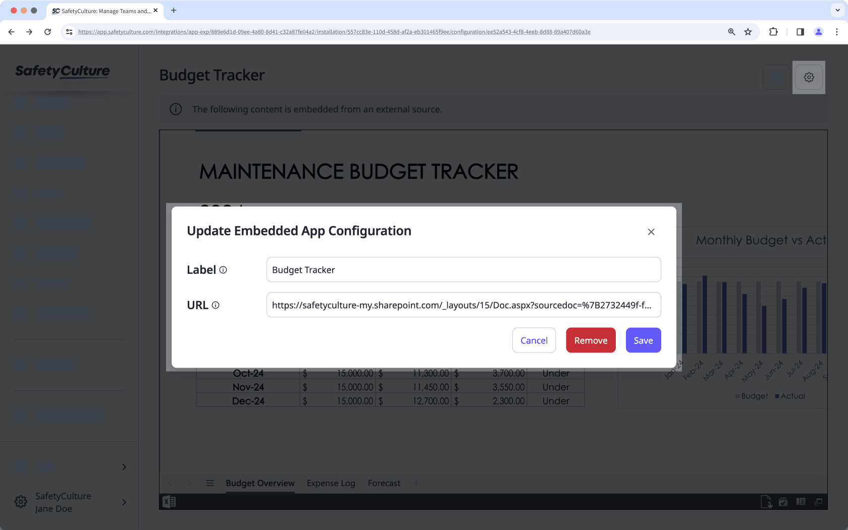 Update the label or URL of an embedded Microsoft Excel workbook via the web app.