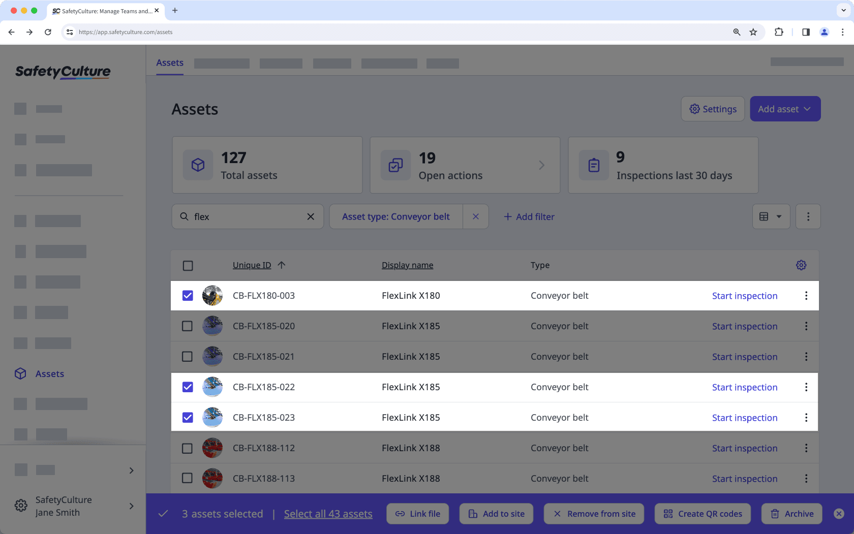 Select multiple assets in the asset list via the web app.