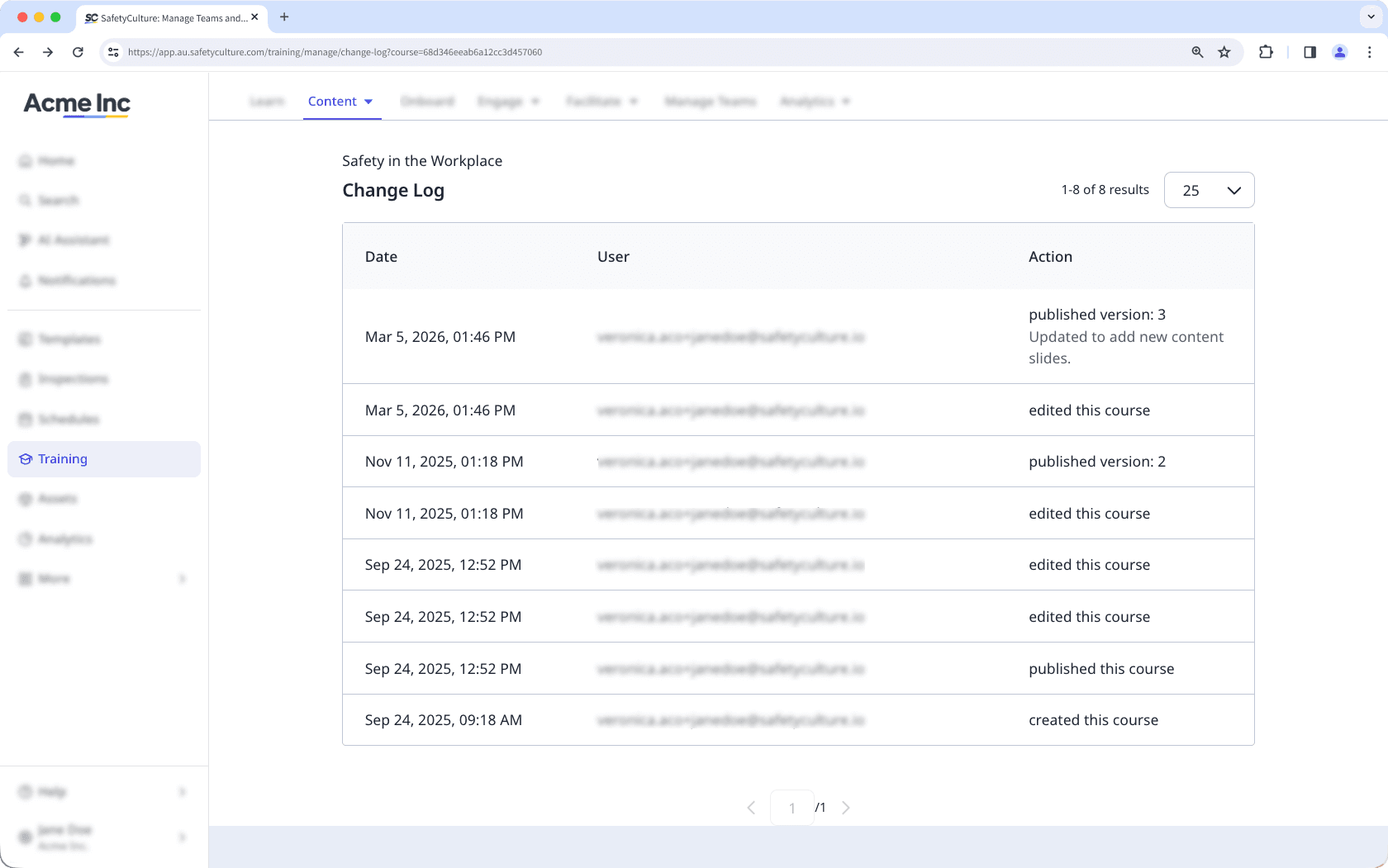 The change log of a course showing date, user, and action.