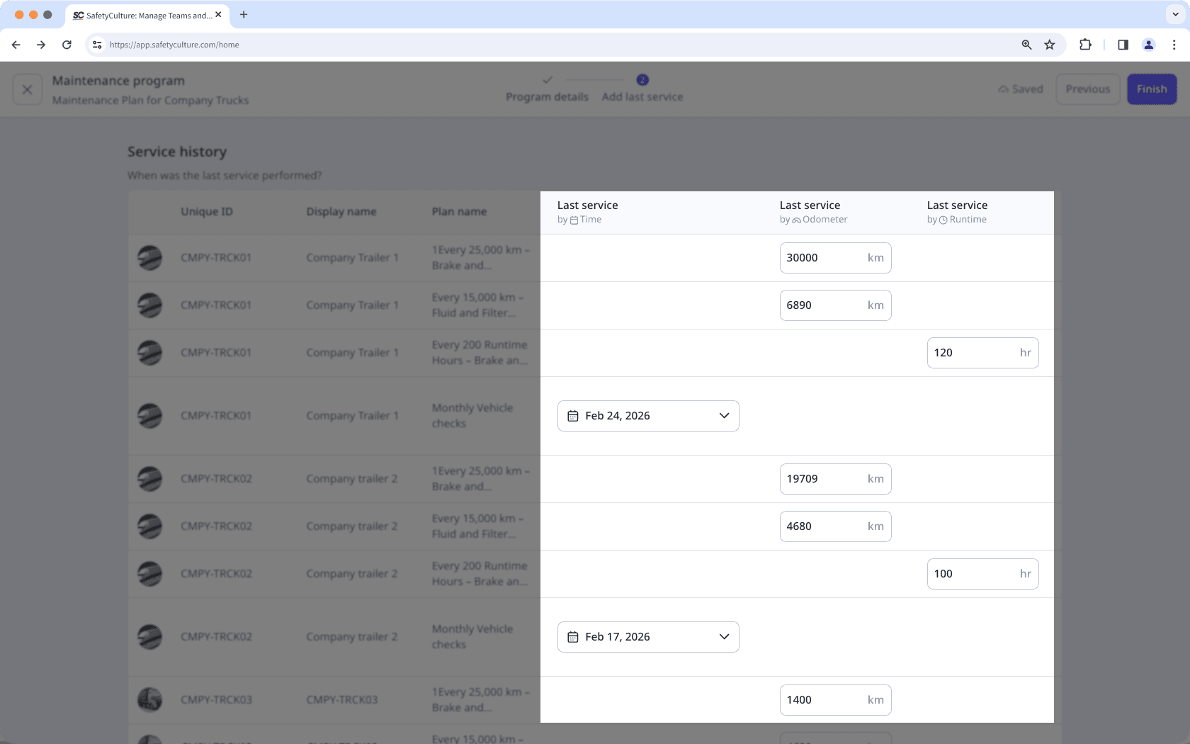 Add last service dates and last service of the assets before finalizing the program details.