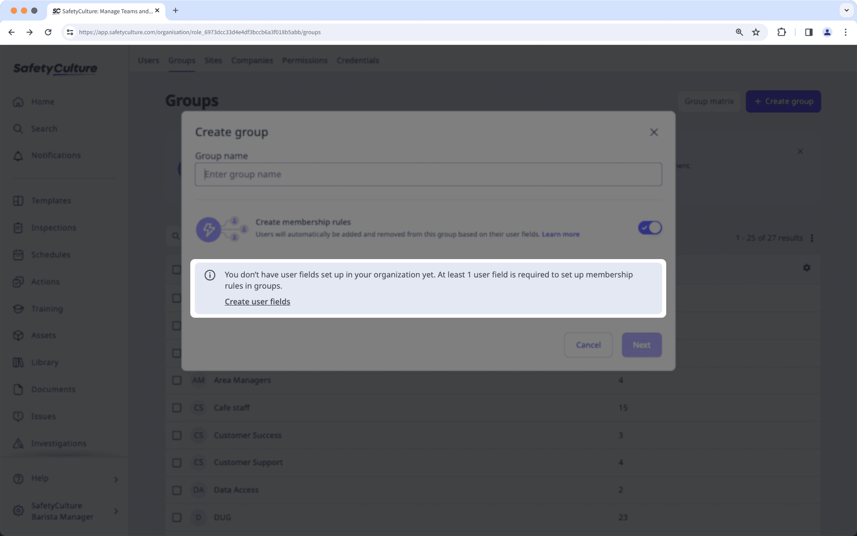 An example of when no user fields are available when creating a group with membership rules via the web app.