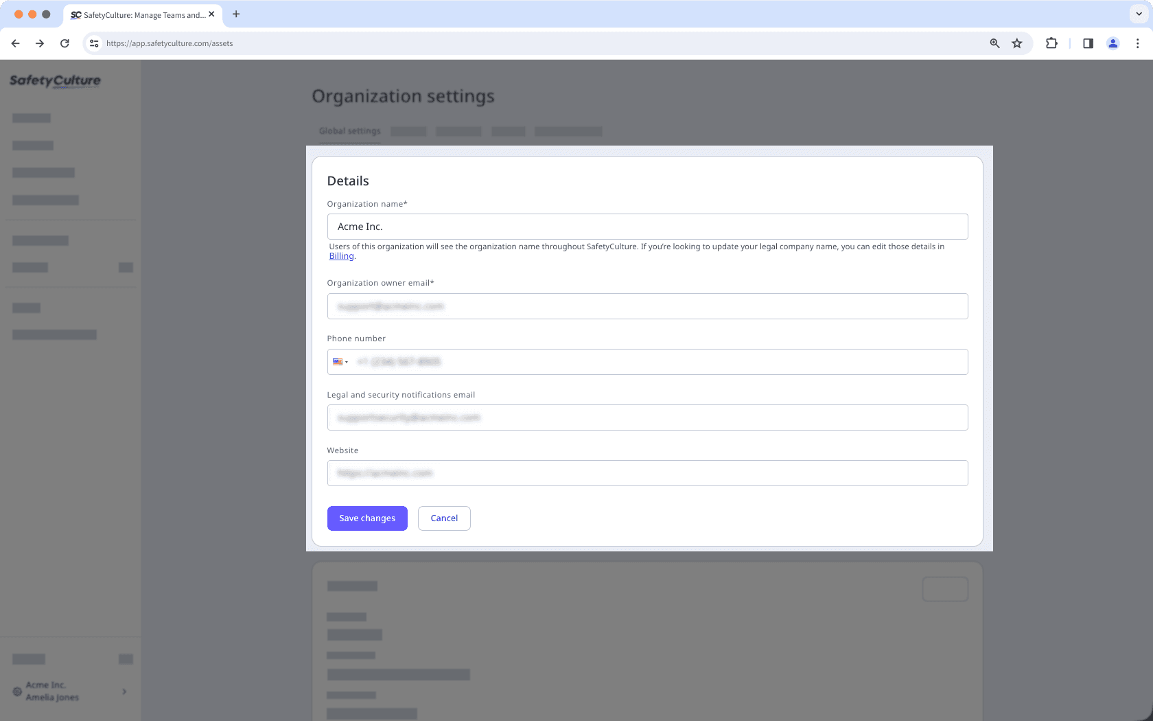 The Organization settings page showing the "Details" section to edit your organization details.