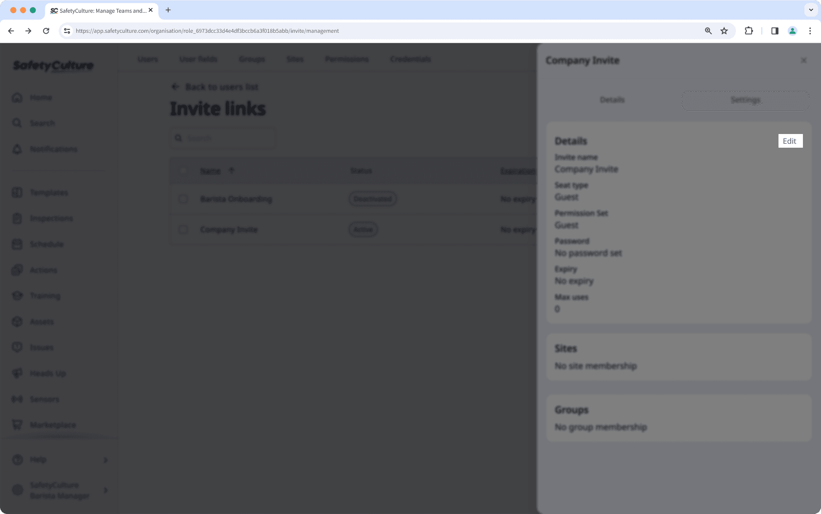 Edit an existing invite link via the web app.