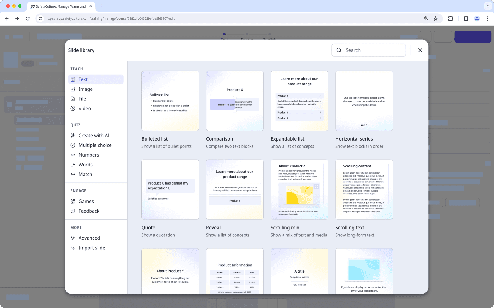 The slide library with all the slide templates visible.
