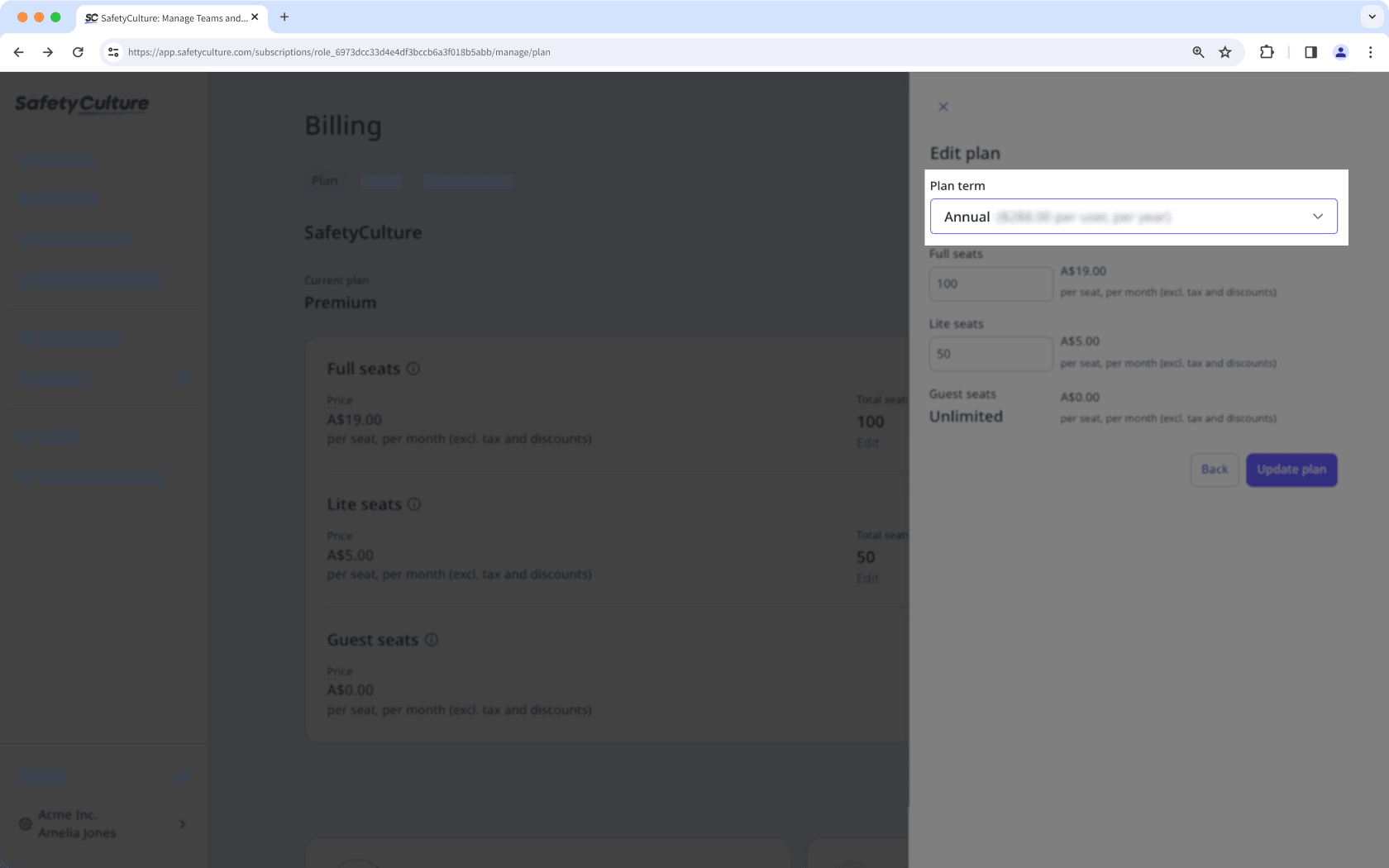 The Plan term dropdown menu visible in the Edit plan sidebar.