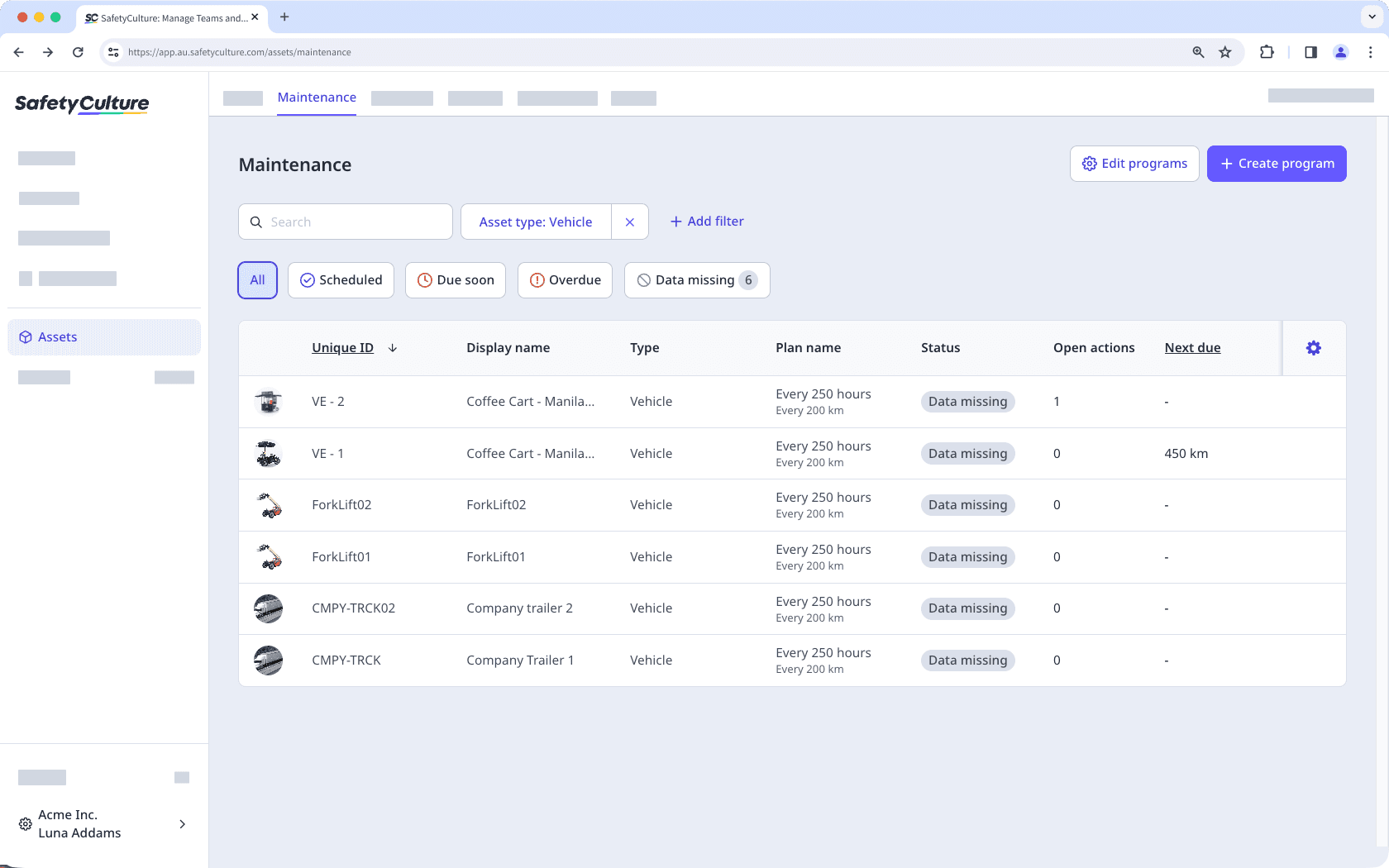View asset maintenance plans via the web app.