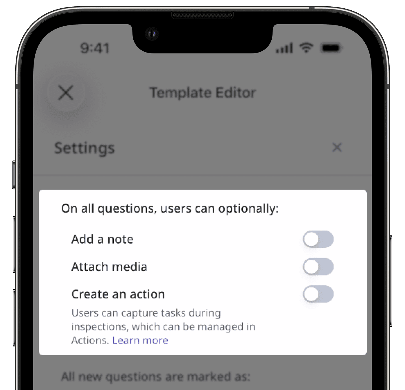 Settings for note, media, and action via the mobile app.
