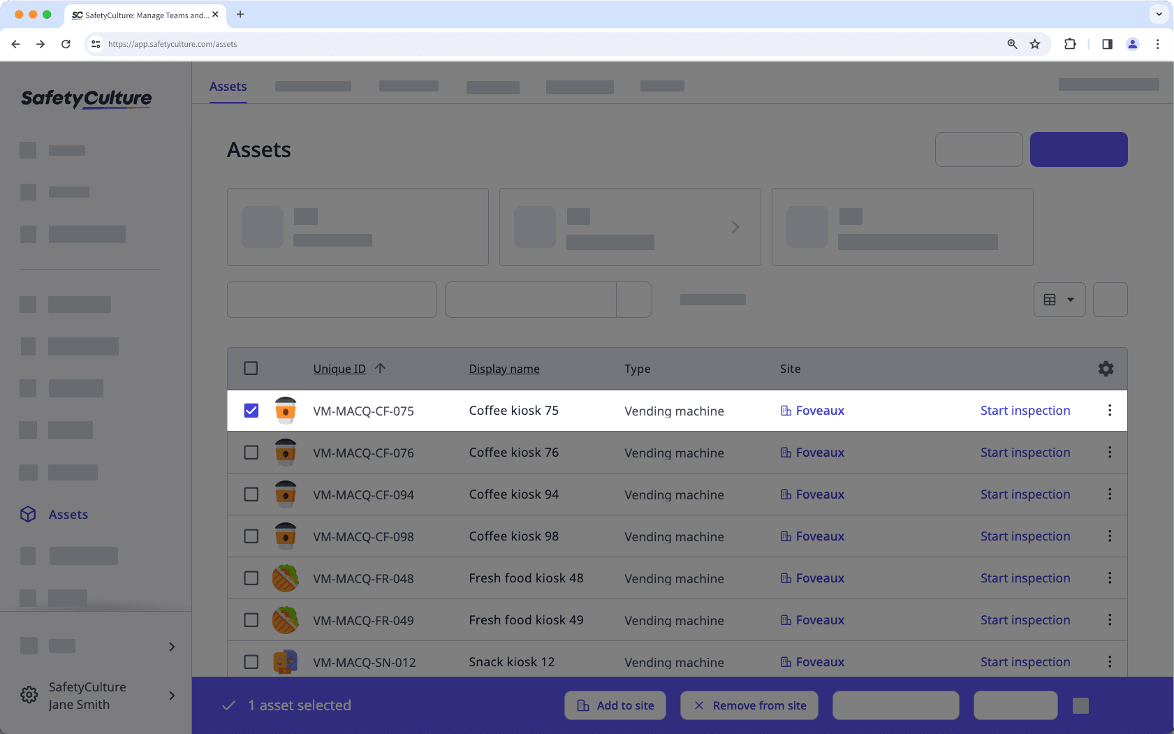 Select a single asset to add to or remove from a site via the web app.