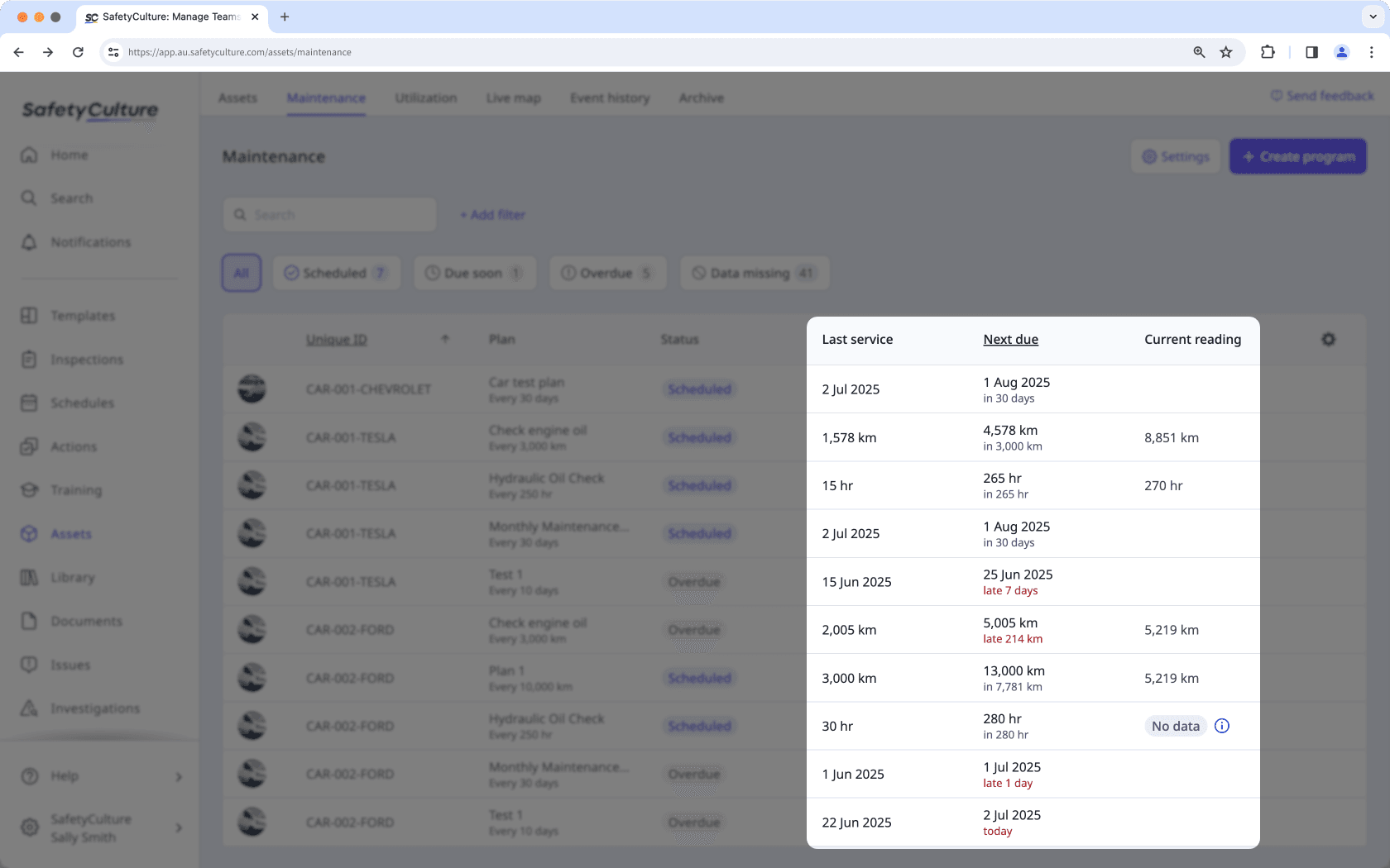 Maintenance table highlighting Last service, Next due, and Current reading columns via the web app.
