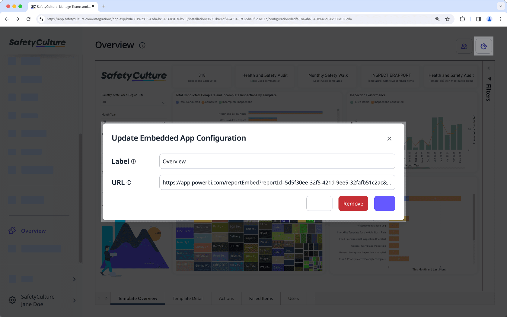 Remove embedded Microsoft Power BI dashboard via the web app.