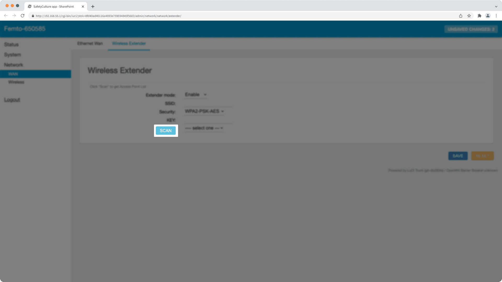 Scan available networks from the Gemtek gateway admin page.