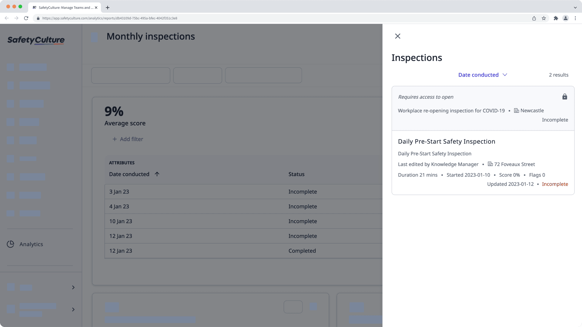 An example of locked access when drilling down on data in a custom Analytics dashboard.
