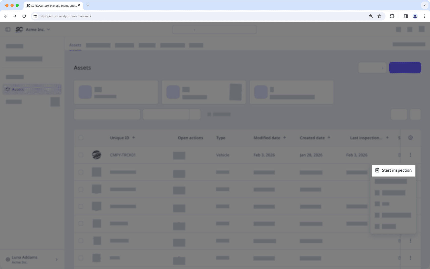 Click more from the right-hand side of the asset and select start inspection.