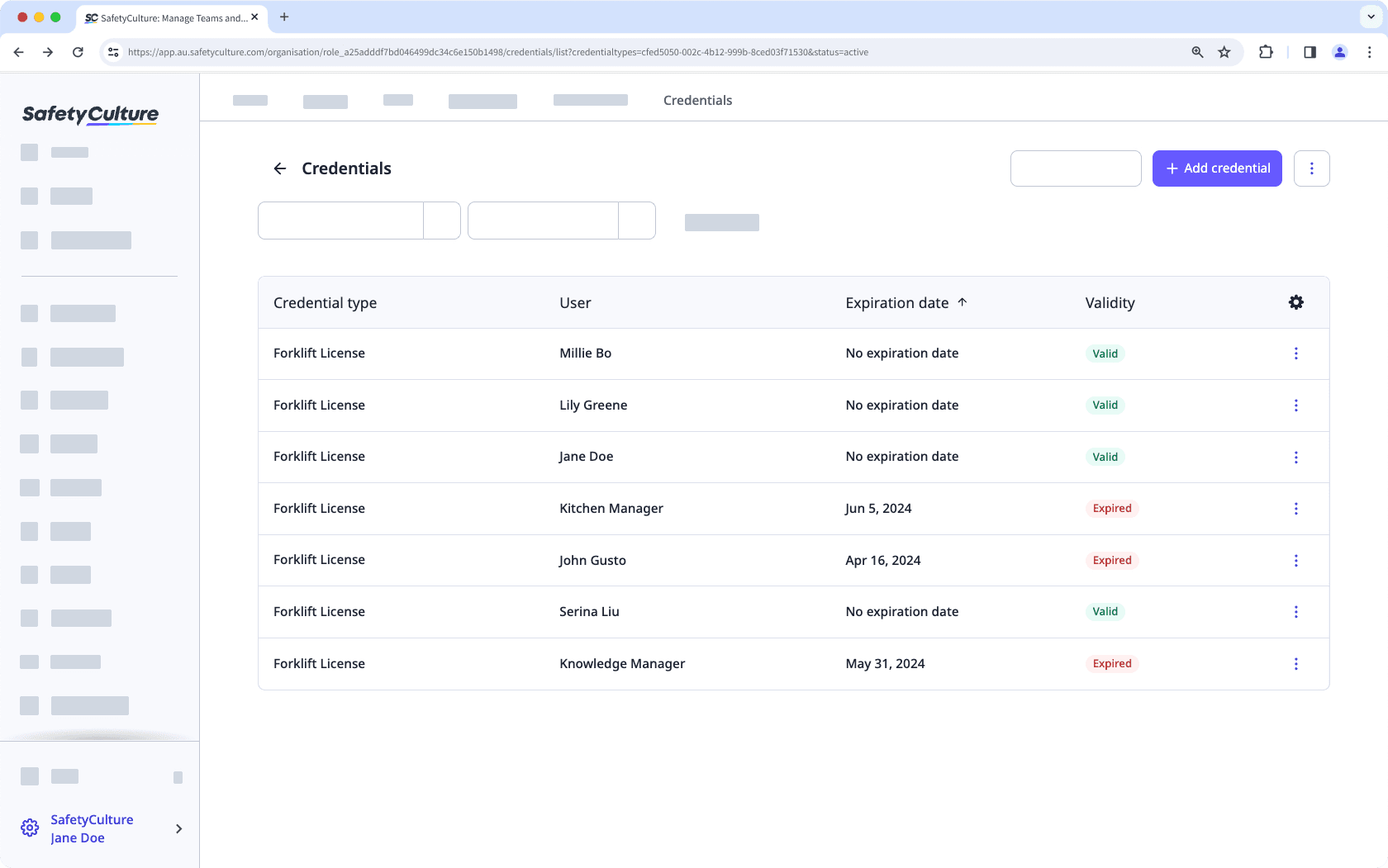 An example of a list of credentials showing different statuses (valid, expiring soon, expired) on the web app.