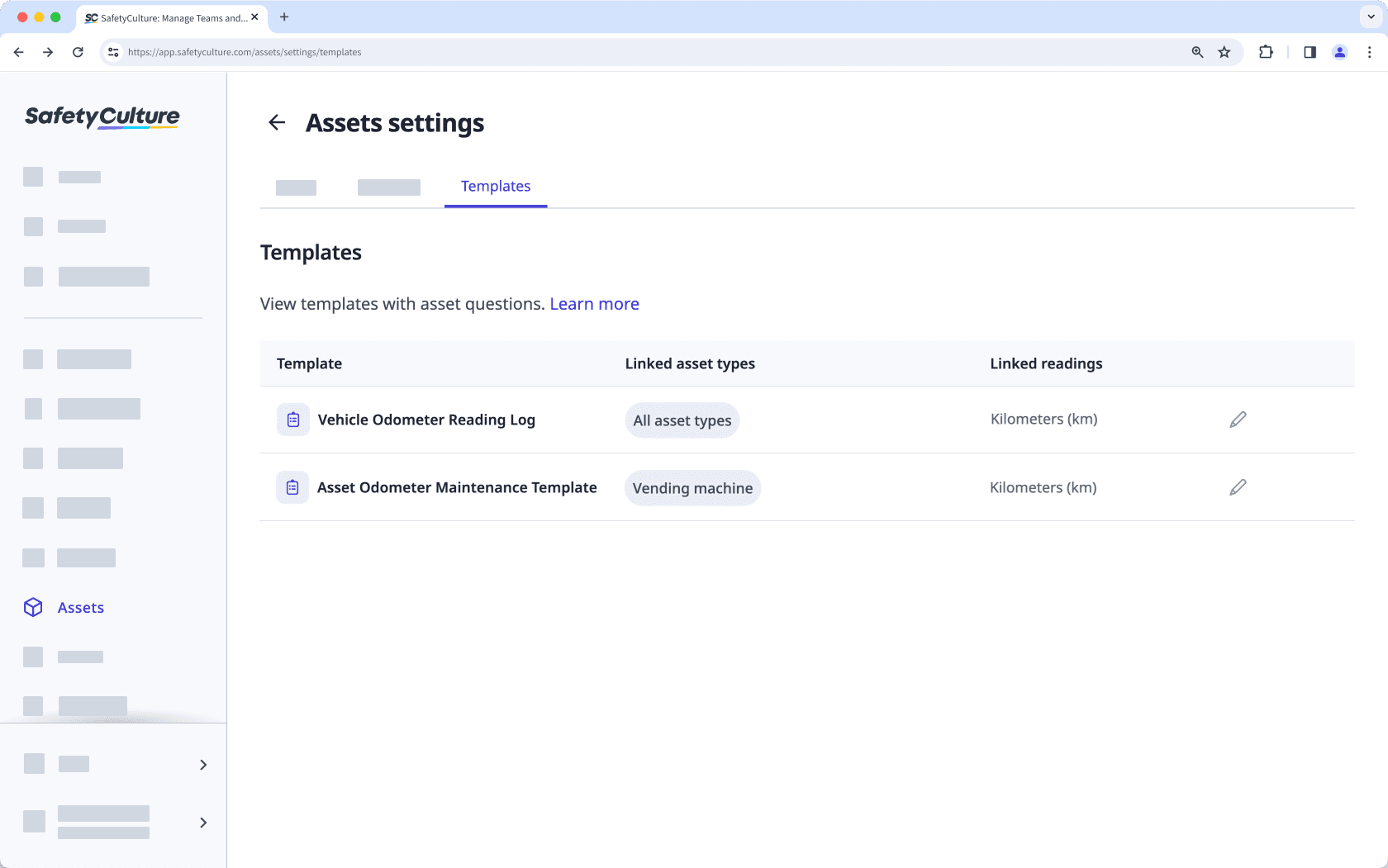 View a template with asset questions via the web app.