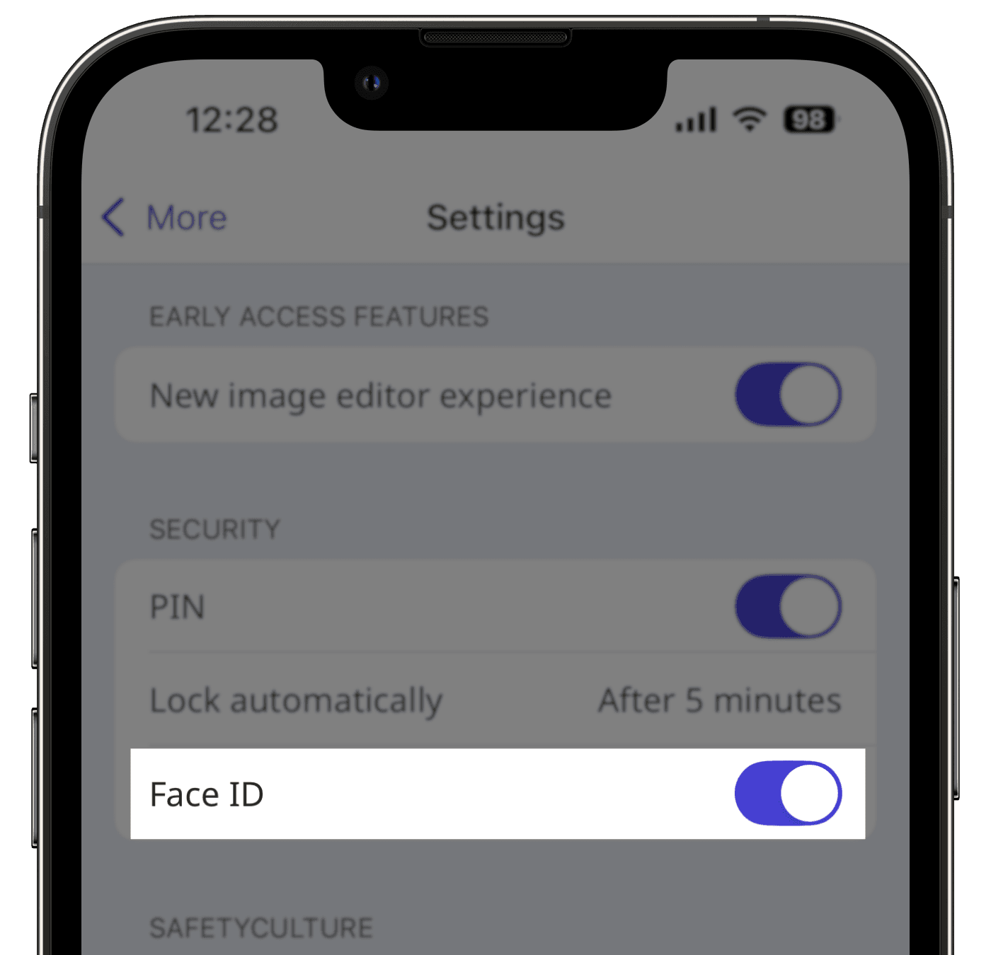 Turn on face ID via the mobile app on iOS