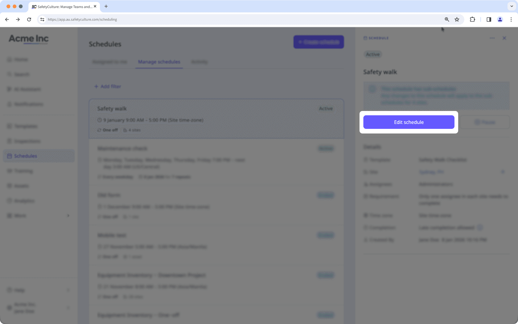 The "Edit schedule" button in the Schedules feature on the web app.