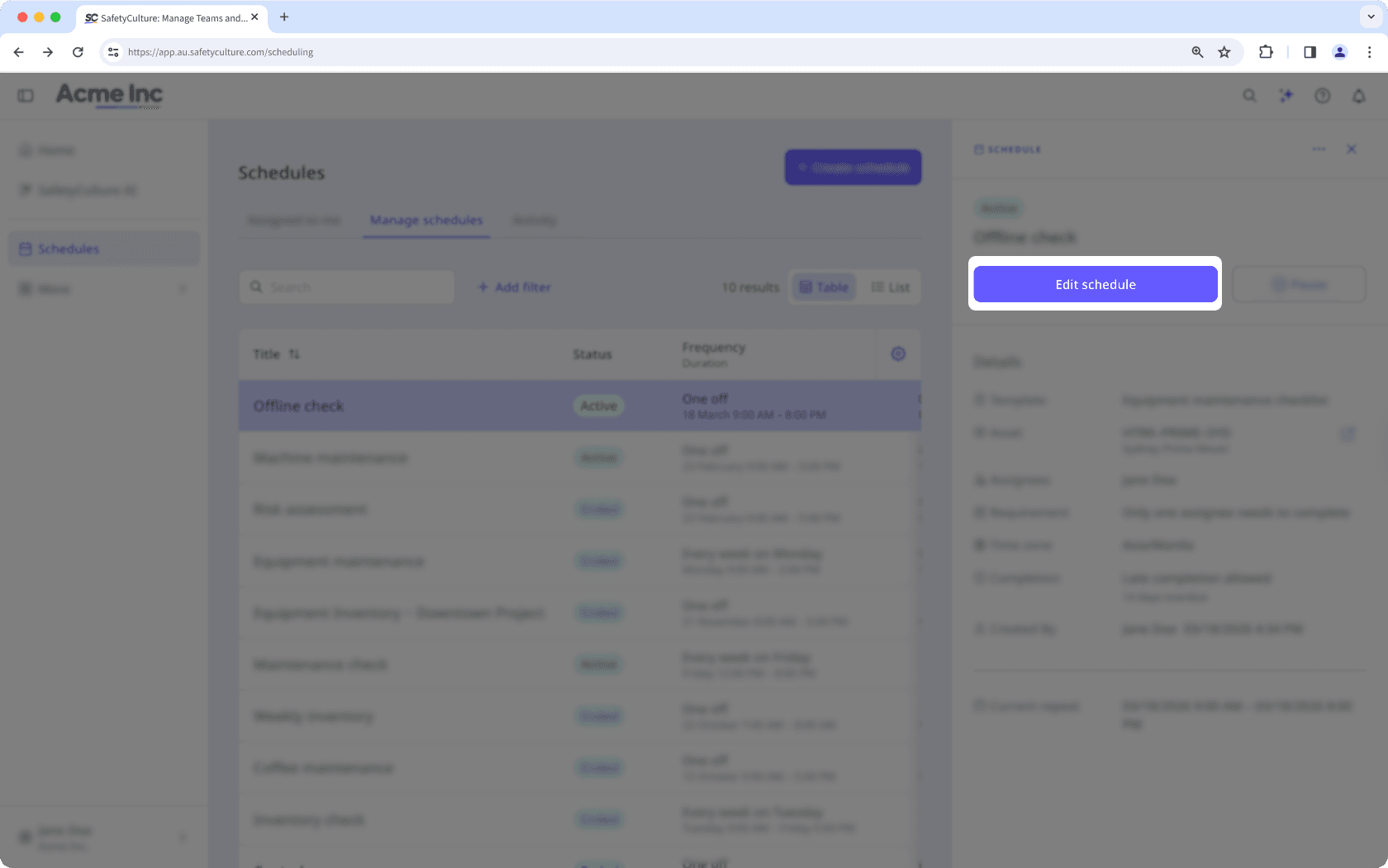 The "Edit schedule" button in the Schedules feature on the web app.
