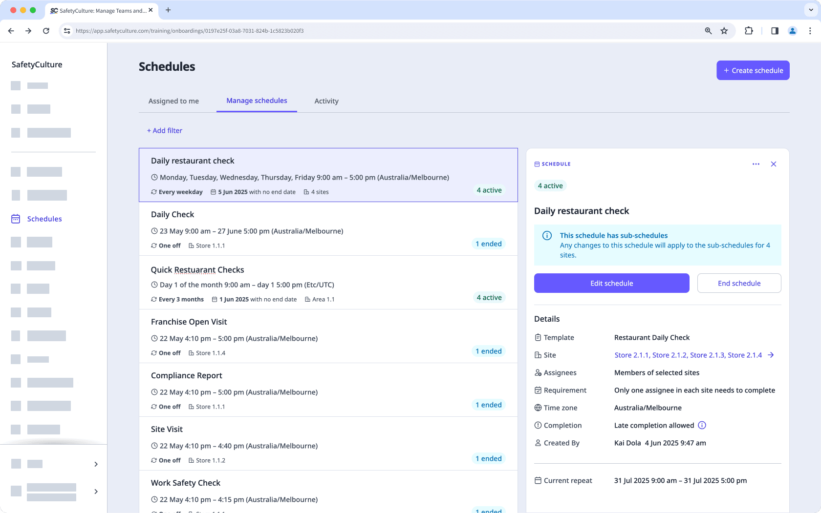 An example of the Manage schedules page in the new Schedules experience on the web app.