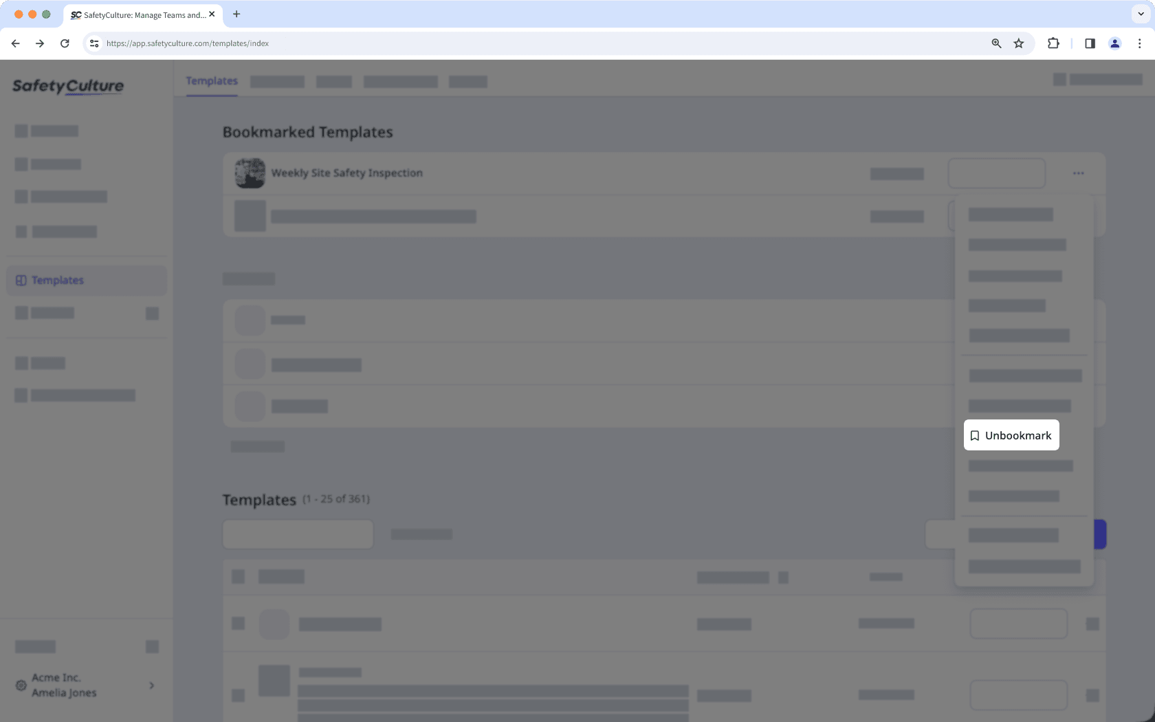 Un-bookmark template via the web app.