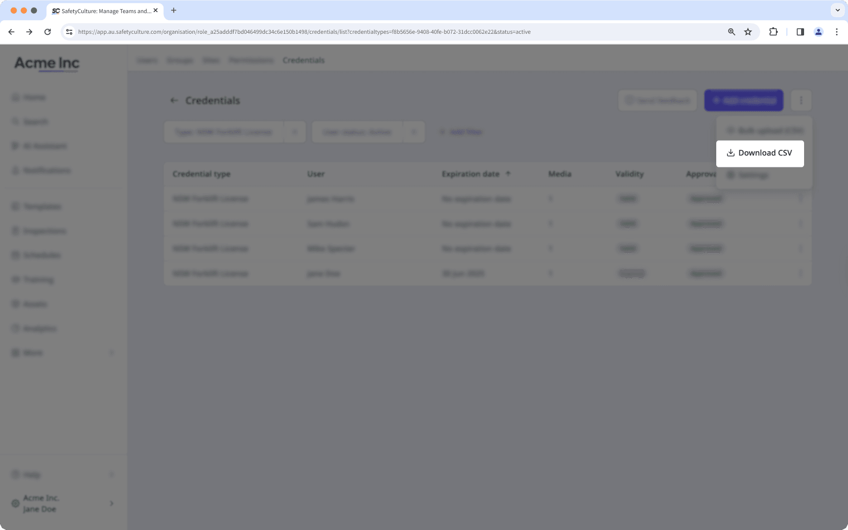 Download credentials as CSV via the web app.