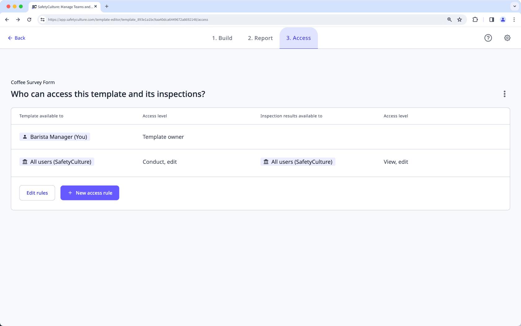 Configure which users, groups, and sites can access templates and their inspections.