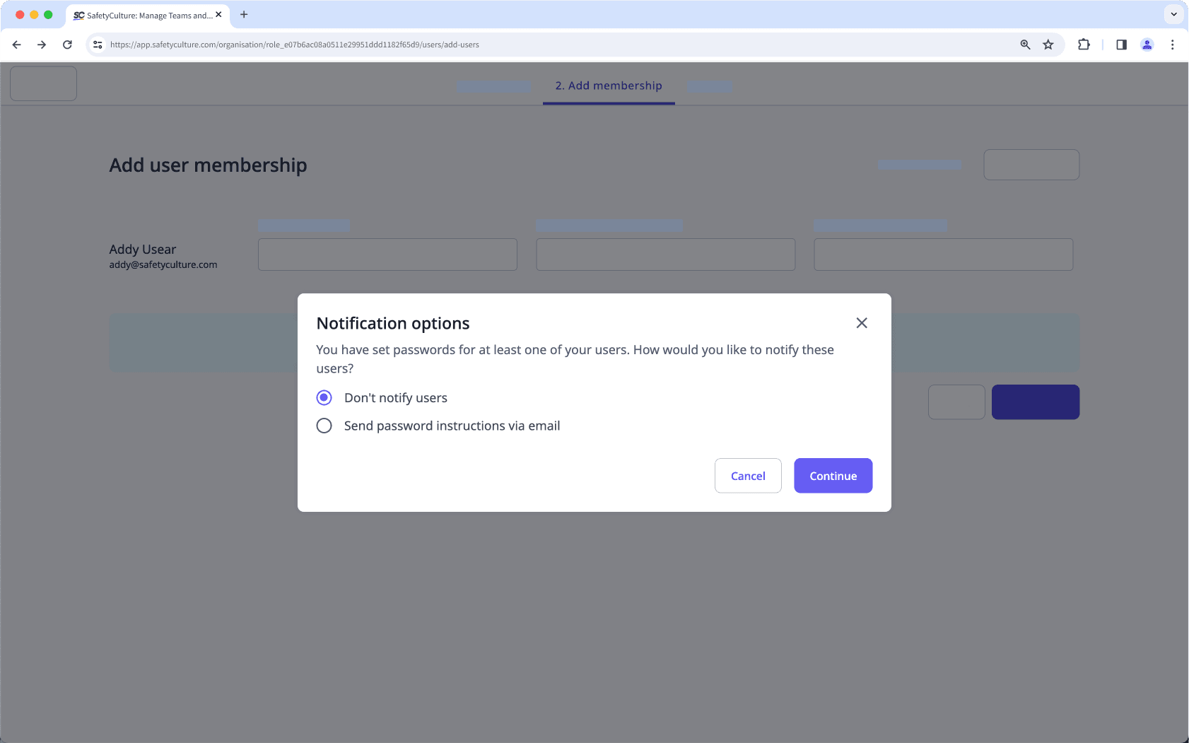 Notification options for notifying new users of their passwords via the web app.