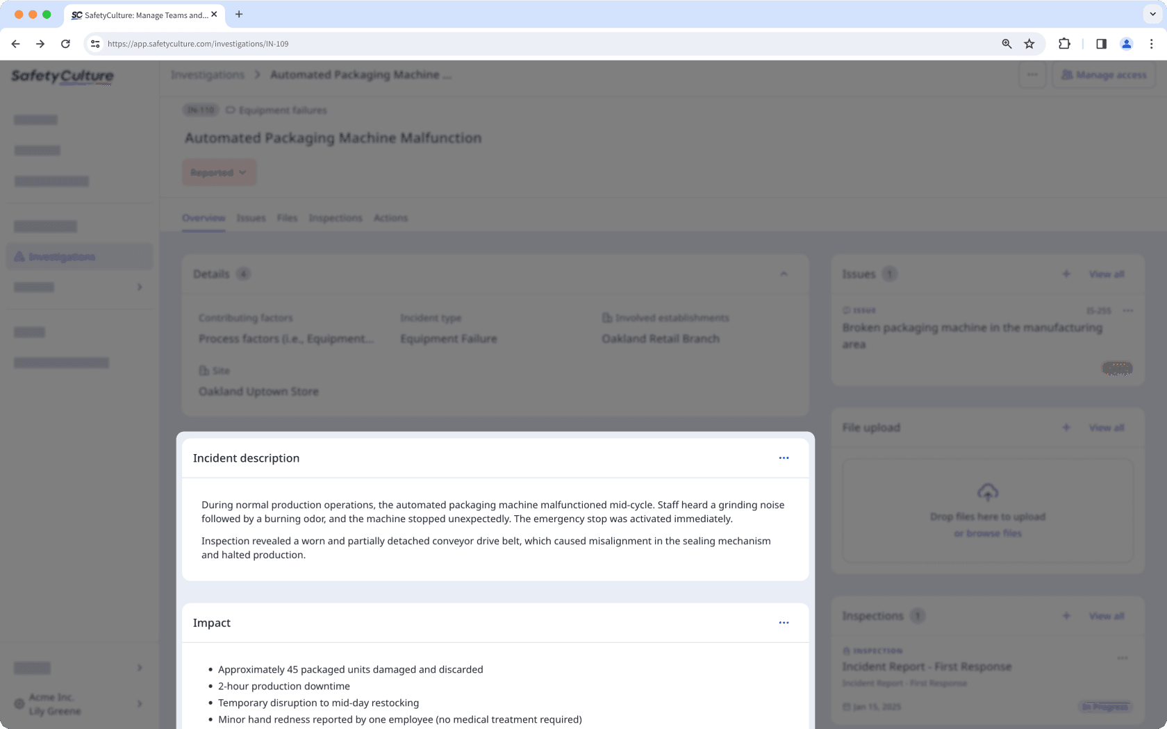 Investigation profile showing the incident description and impact custom sections.