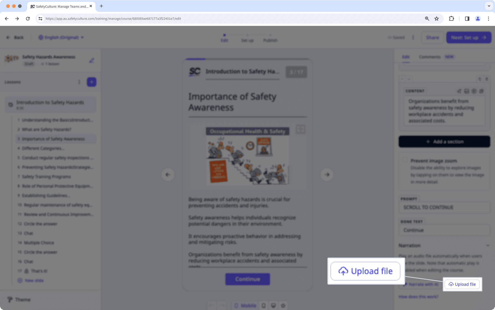Add narration to a course lesson manually via the SafetyCulture web app