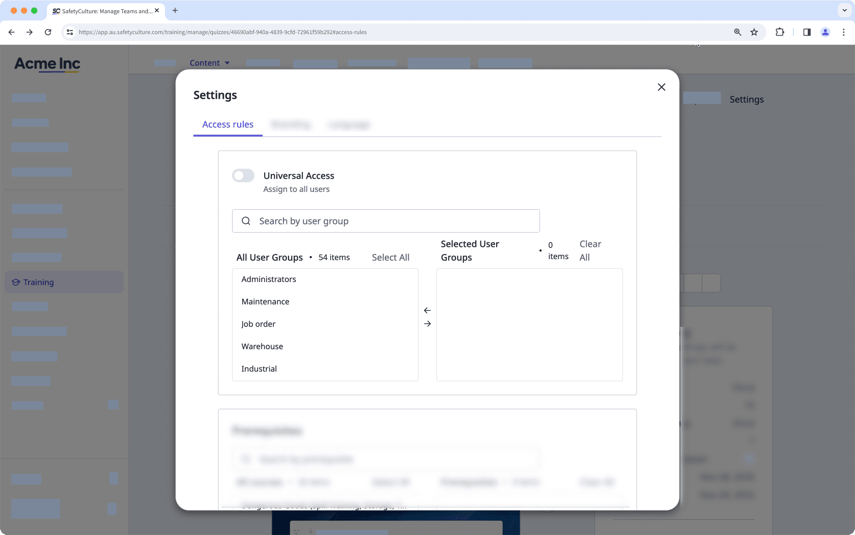 Quiz access rules via the web app.