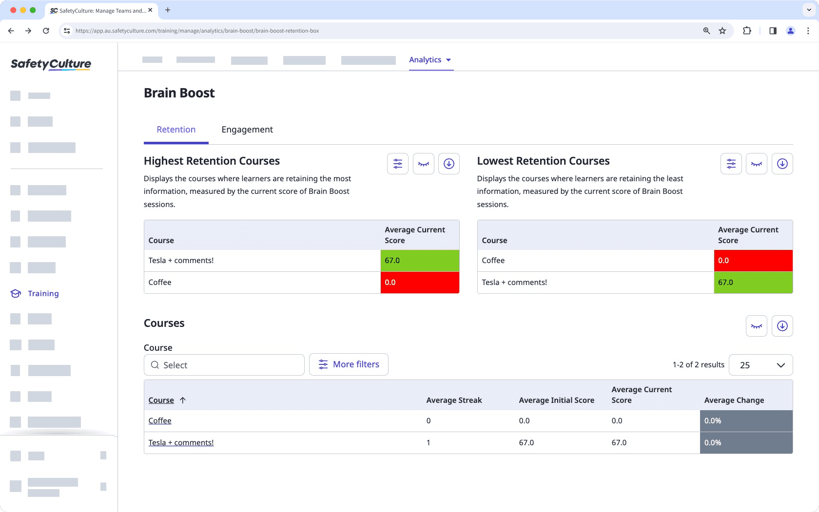 View the retention tab in Brain Boost analytics via the web app.