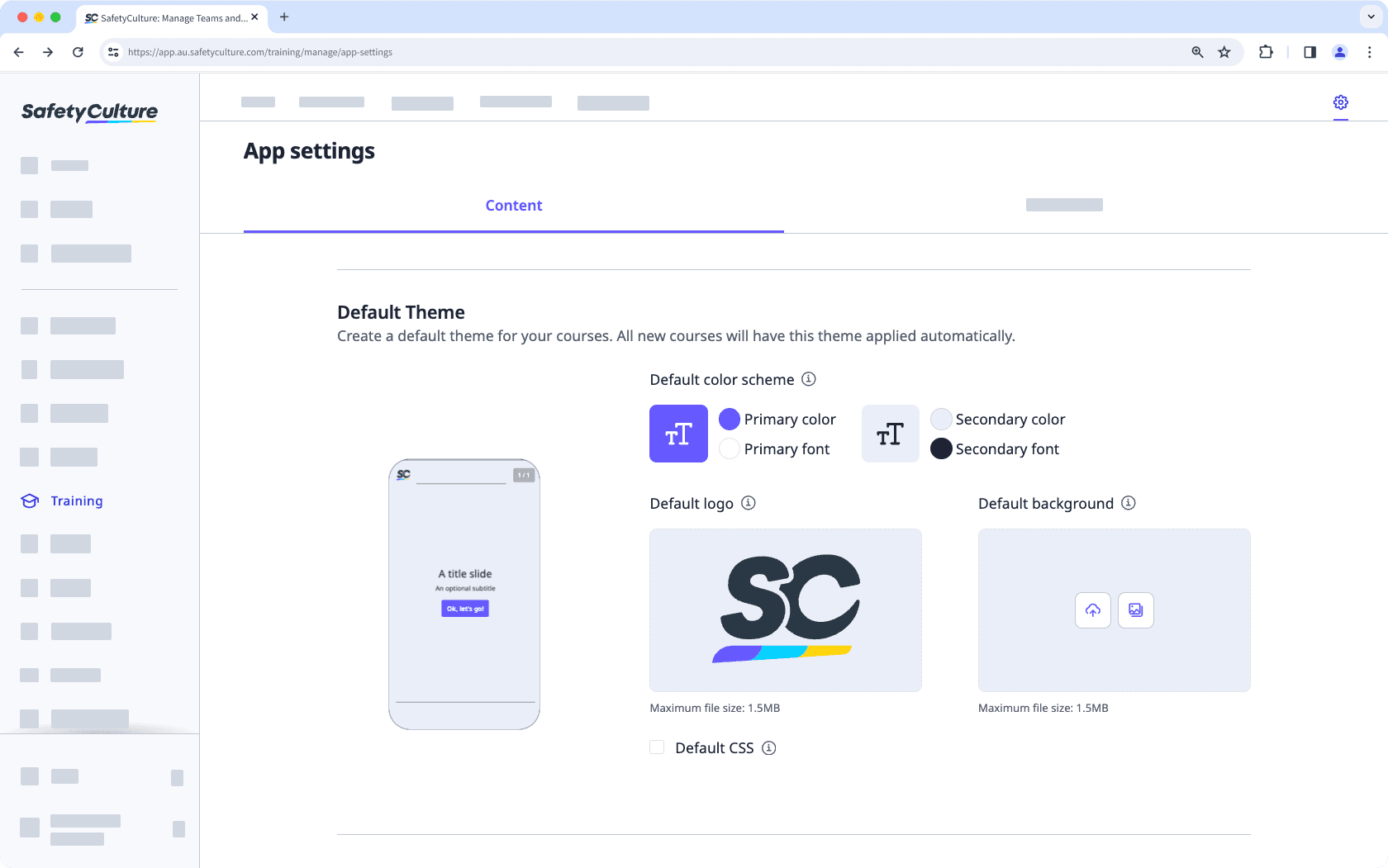 An example of the course default theme settings on the web app.